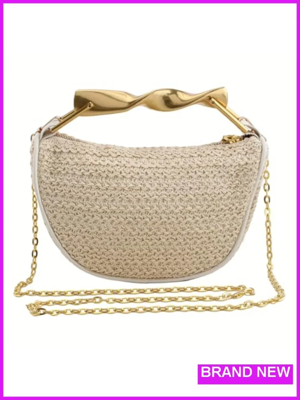 Woven Straw Clutch Purse with Gold Metal Handle Crossbody Bag